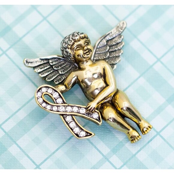 Vintage Cancer Awareness Angel Brooch - L26 - Picture 1 of 2
